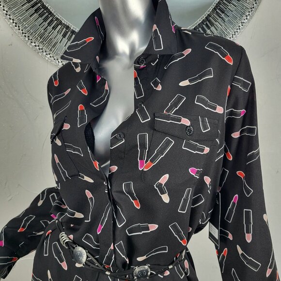 NWT~$70~KARL LAGERFELD~M~BLACK RED PINK LIPSTICK TUNIC TOP BLOUSE SHIRT - Picture 1 of 16